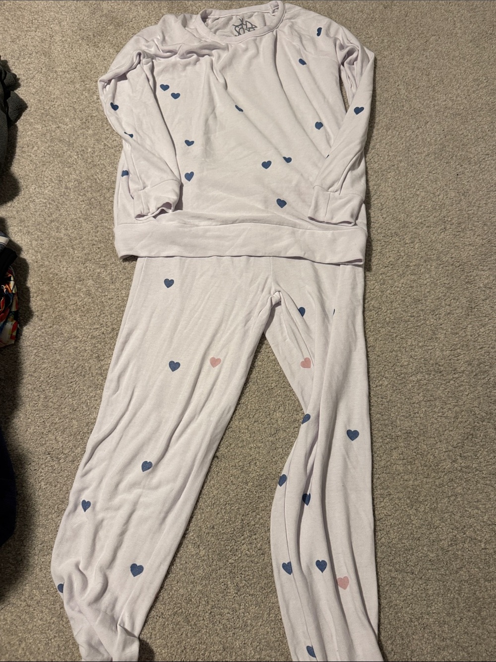 Women's Heart-Print Pajama Set - Light Lavender with Blue & Pink Hearts
